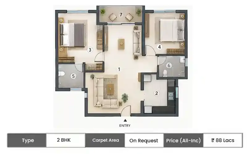 Embassy Golf City 2 BHK floor plan, sq ft carpet area
