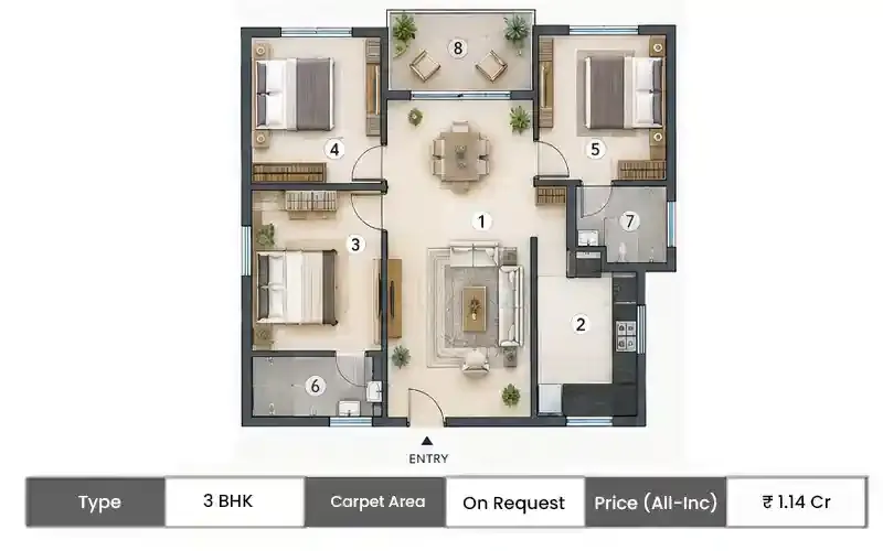 Embassy Golf City 3 BHK floor plan, sq ft carpet area