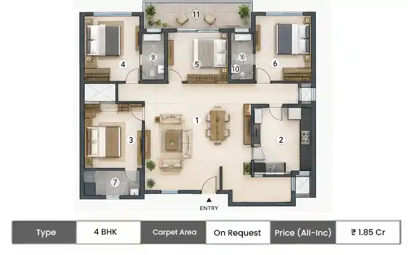 Embassy Golf City 4 BHK floor plan, sq ft carpet area